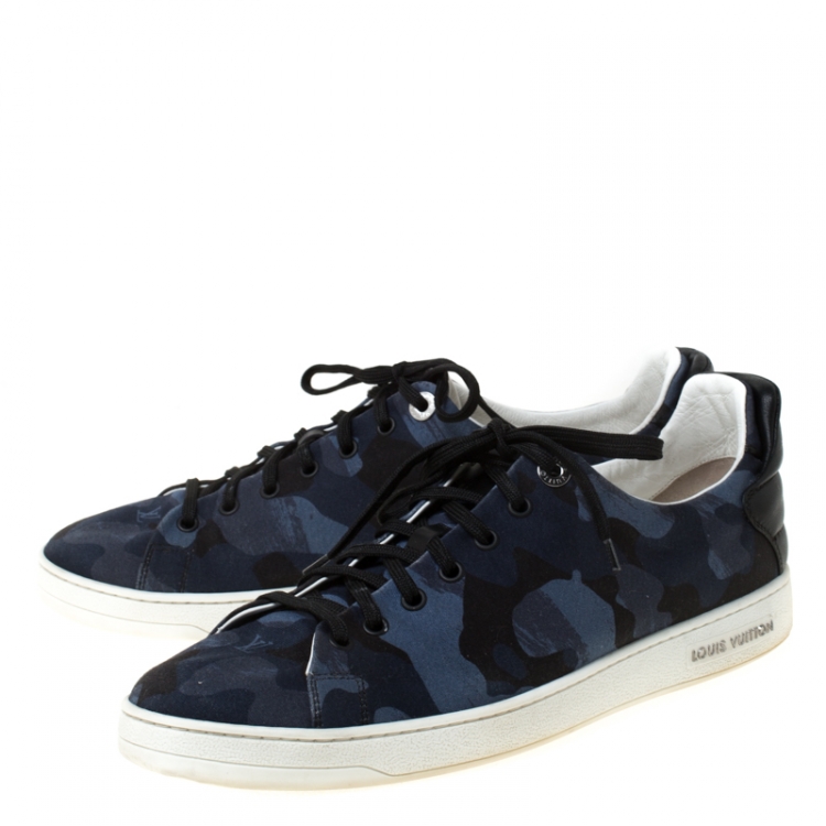 Pre Owned Louis Vuitton Blue Camouflage Fabric Frontrow Low Top Sneakers Size 43.5
