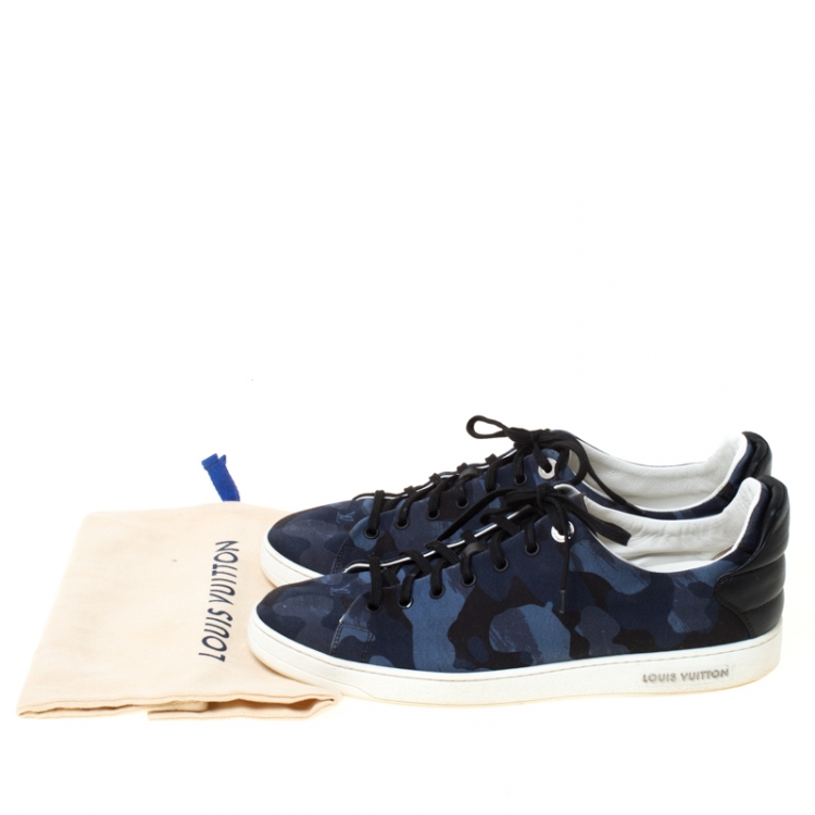 Pre Owned Louis Vuitton Blue Camouflage Fabric Frontrow Low Top Sneakers Size 43.5