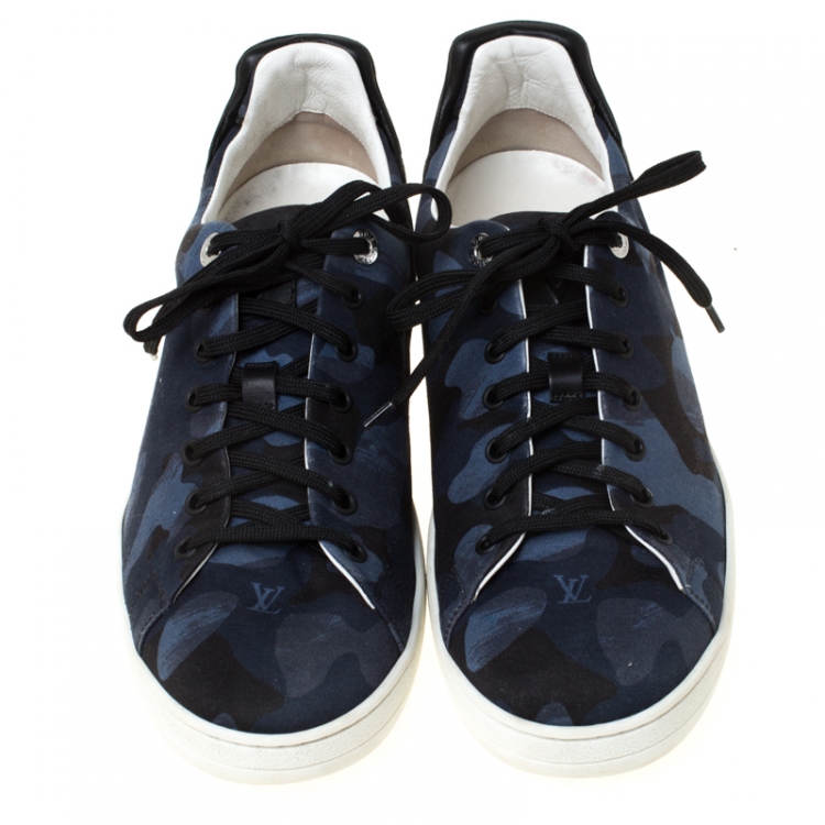 Pre Owned Louis Vuitton Blue Camouflage Fabric Frontrow Low Top Sneakers Size 43.5