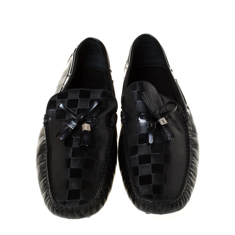 Pre Owned Louis Vuitton Damier Embossed Leather Bow Detail Loafers Size 44