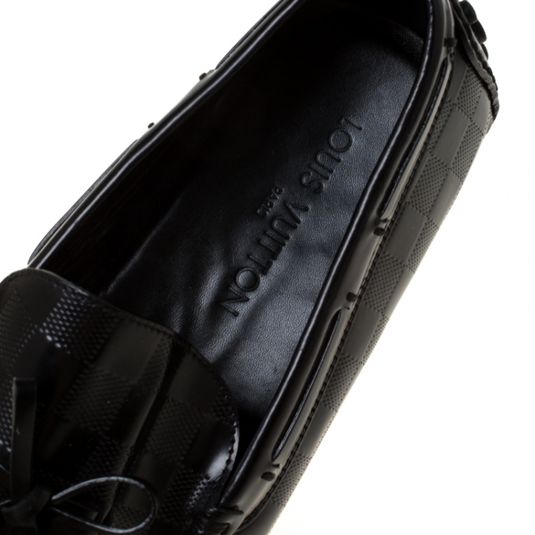 Pre Owned Louis Vuitton Damier Embossed Leather Bow Detail Loafers Size 44