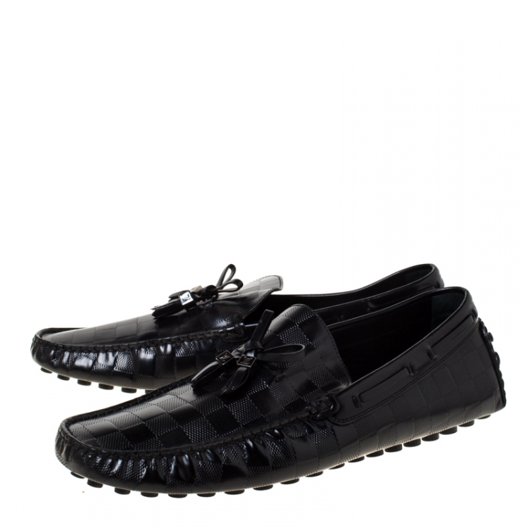 Pre Owned Louis Vuitton Damier Embossed Leather Bow Detail Loafers Size 44