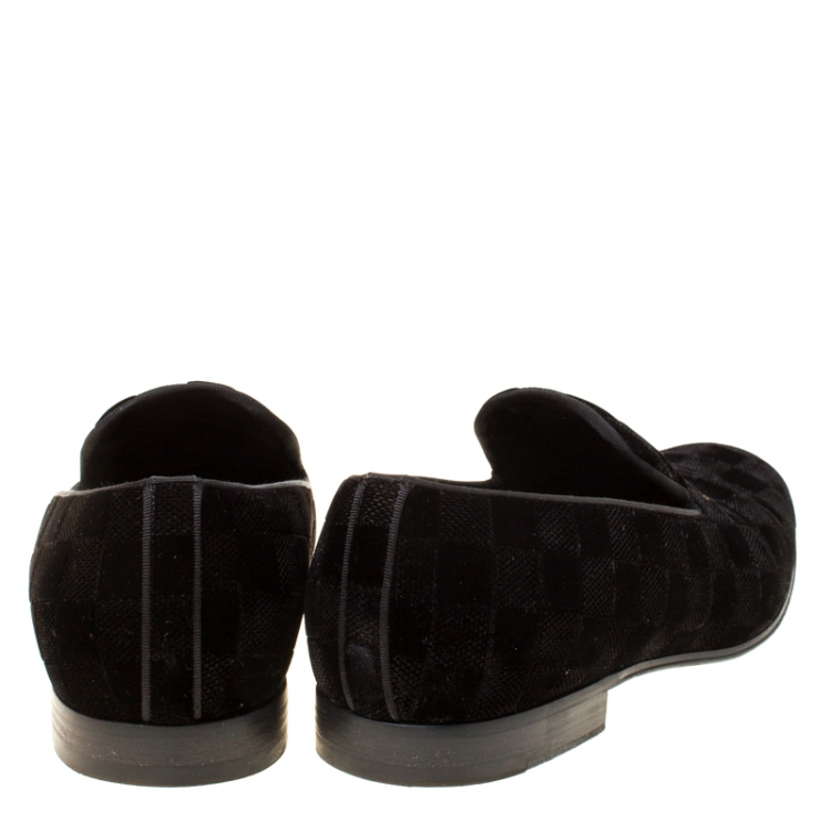 Pre Owned Louis Vuitton Black Damier Velvet Slip On Loafers Size 42.5