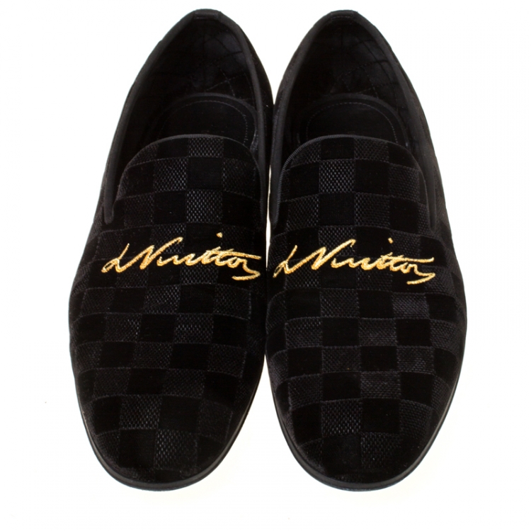 Pre Owned Louis Vuitton Black Damier Velvet Slip On Loafers Size 42.5