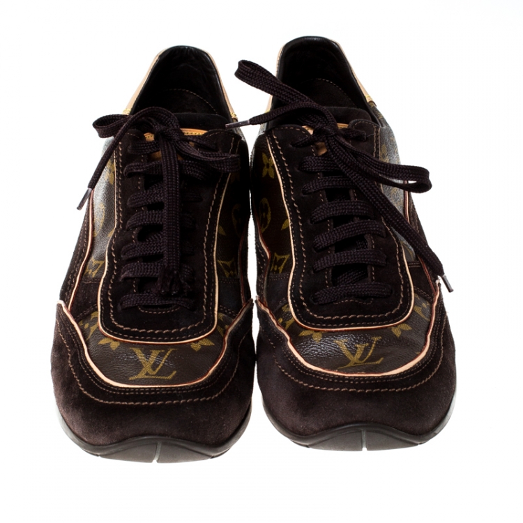 Pre Owned Louis Vuitton Brown Monogram Canvas and Suede Low Top Sneakers Size 43.5