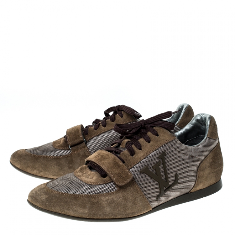 Pre Owned Louis Vuitton Grey/Olive Green Canvas and Suede Logo Velcro Strap Sneakers Size 42
