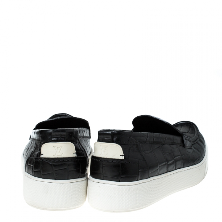 Pre Owned Louis Vuitton Black Croc Embossed Leather Slip On Sneakers Size 45