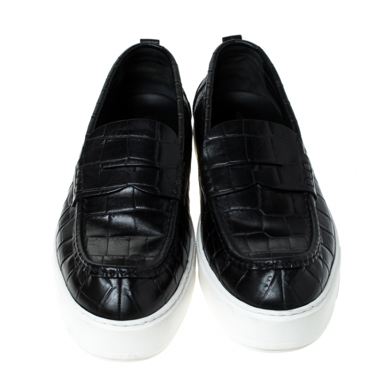 Pre Owned Louis Vuitton Black Croc Embossed Leather Slip On Sneakers Size 45