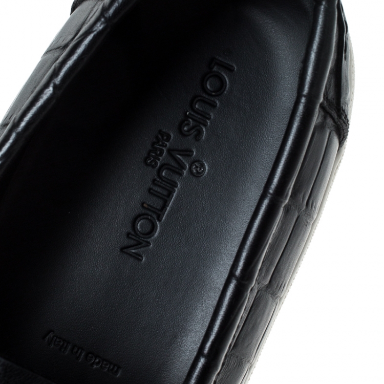 Pre Owned Louis Vuitton Black Croc Embossed Leather Slip On Sneakers Size 45