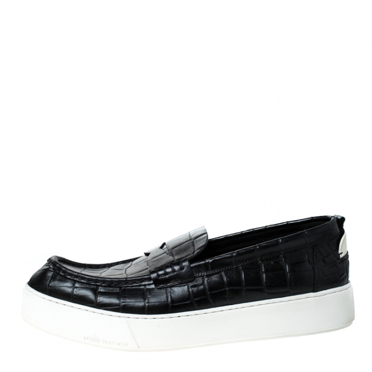 Pre Owned Louis Vuitton Black Croc Embossed Leather Slip On Sneakers Size 45