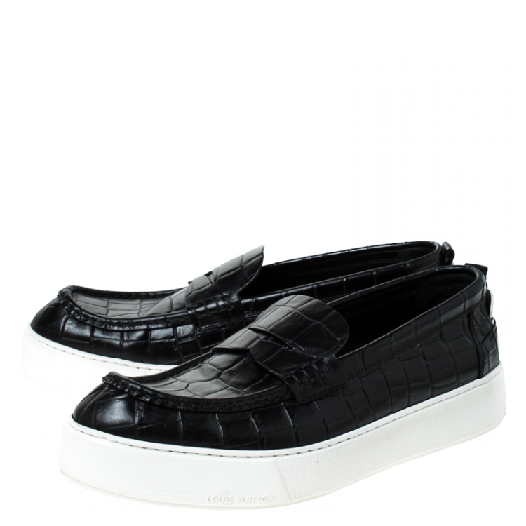 Pre Owned Louis Vuitton Black Croc Embossed Leather Slip On Sneakers Size 45