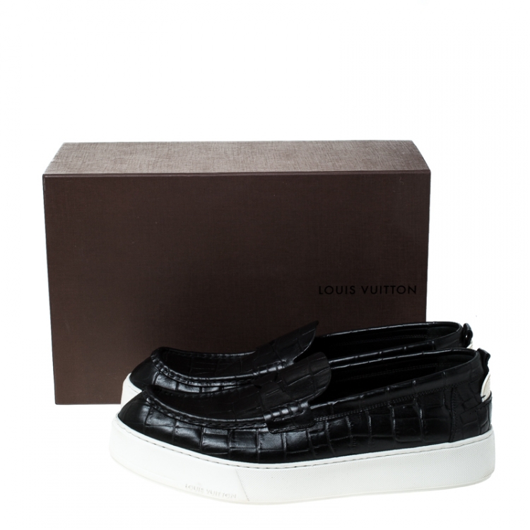 Pre Owned Louis Vuitton Black Croc Embossed Leather Slip On Sneakers Size 45