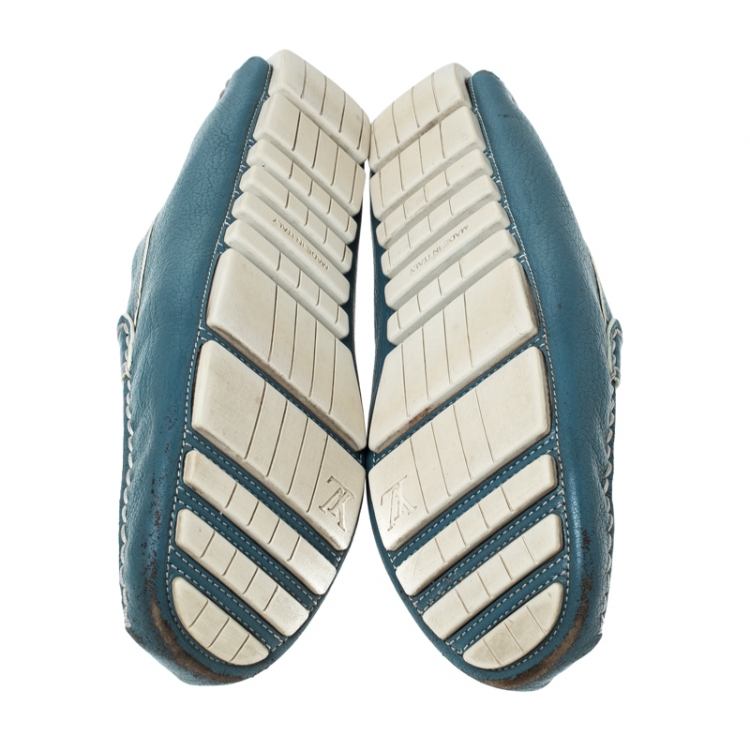 Pre Owned Louis Vuitton Blue/White Leather S-Lock Driving Loafers Size 40