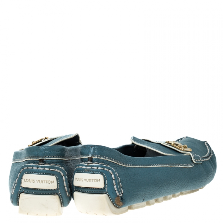 Pre Owned Louis Vuitton Blue/White Leather S-Lock Driving Loafers Size 40