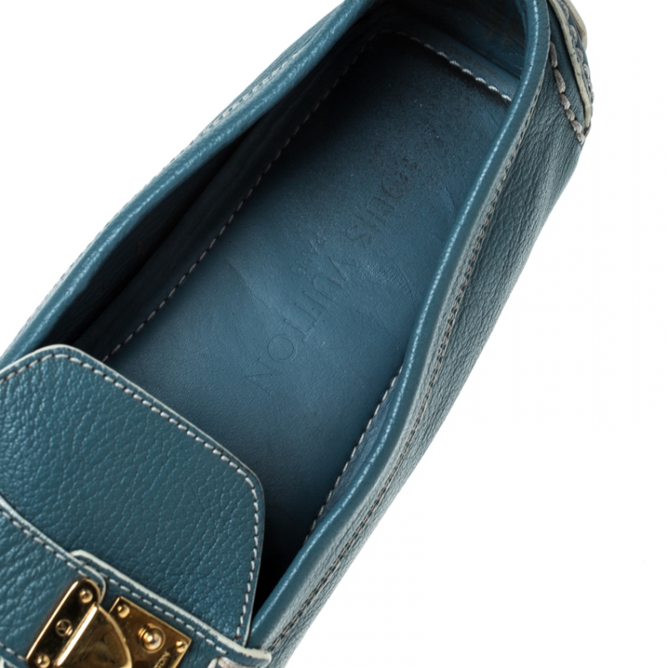 Pre Owned Louis Vuitton Blue/White Leather S-Lock Driving Loafers Size 40