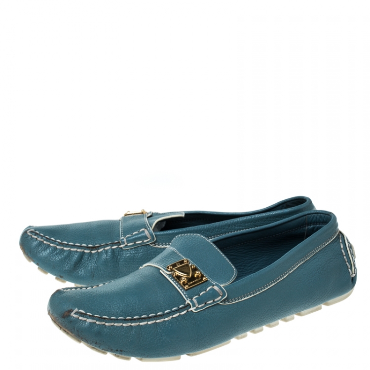 Pre Owned Louis Vuitton Blue/White Leather S-Lock Driving Loafers Size 40