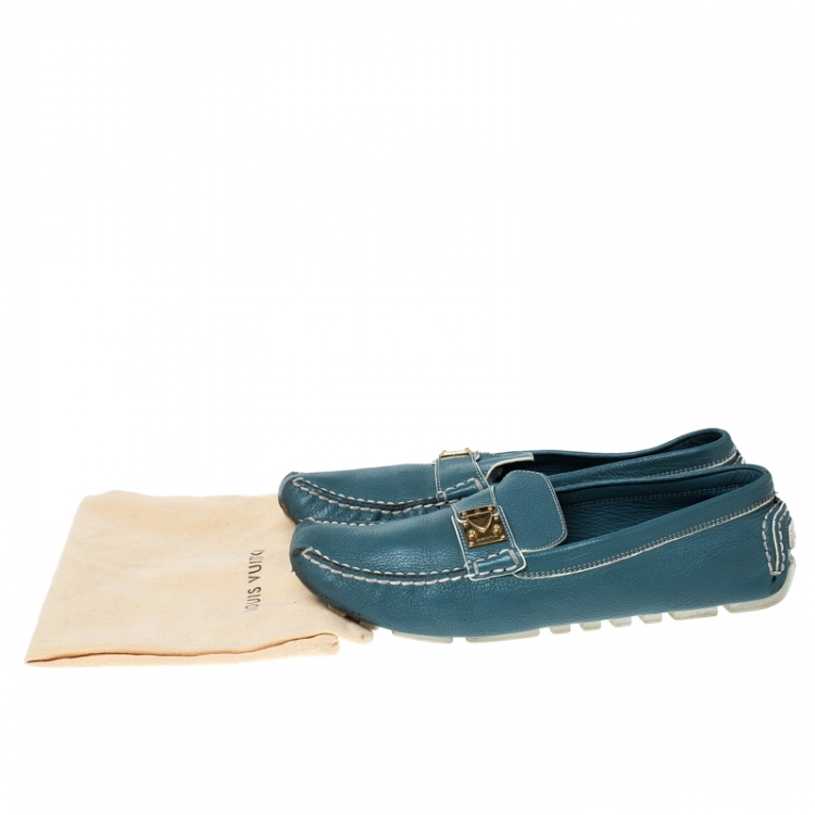 Pre Owned Louis Vuitton Blue/White Leather S-Lock Driving Loafers Size 40