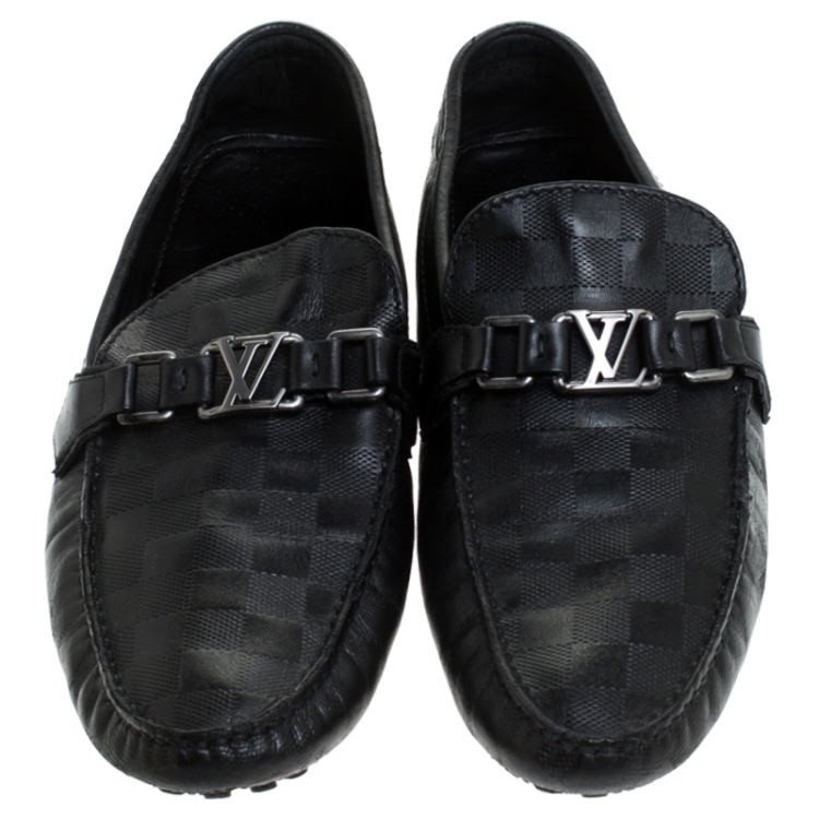 Pre Owned Louis Vuitton Black Leather Damier Infini Hockenheim Moccasin Size 43.5