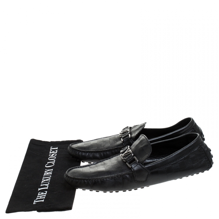 Pre Owned Louis Vuitton Black Leather Damier Infini Hockenheim Moccasin Size 43.5
