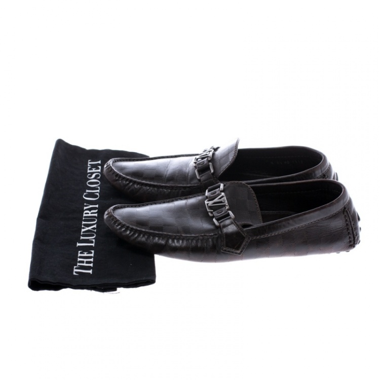 Pre Owned Louis Vuitton Brown Damier Embossed Leather Hockenheim Moccasins Size 42.5