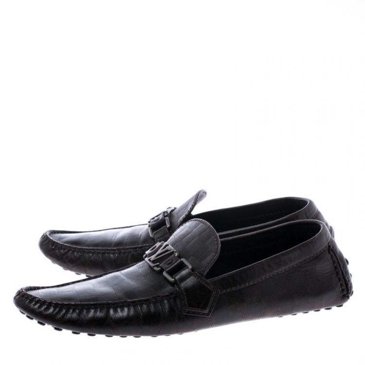 Pre Owned Louis Vuitton Brown Damier Embossed Leather Hockenheim Moccasins Size 42.5