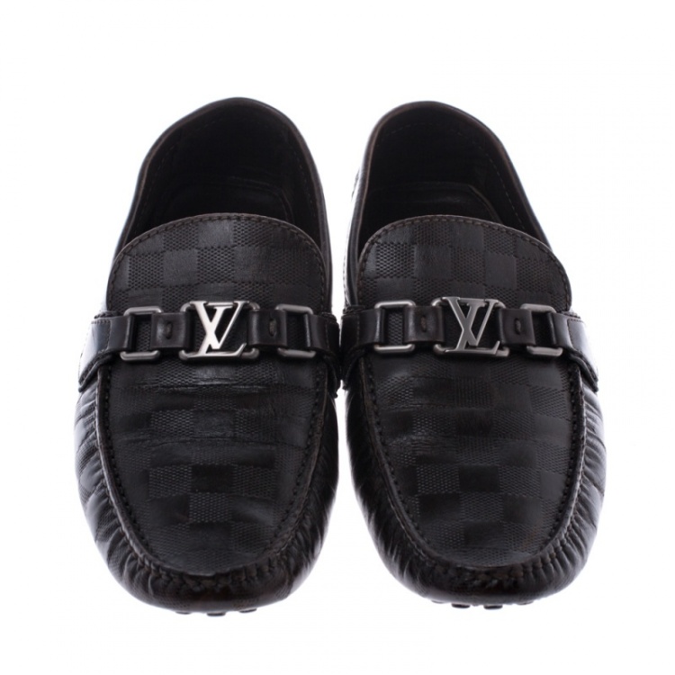Pre Owned Louis Vuitton Brown Damier Embossed Leather Hockenheim Moccasins Size 42.5