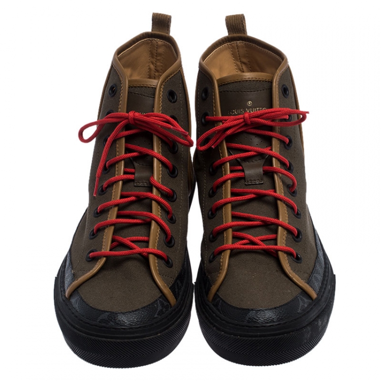 Pre Owned Louis Vuitton Multicolor Leather and Canvas Lace Up High Top Sneakers Size 43