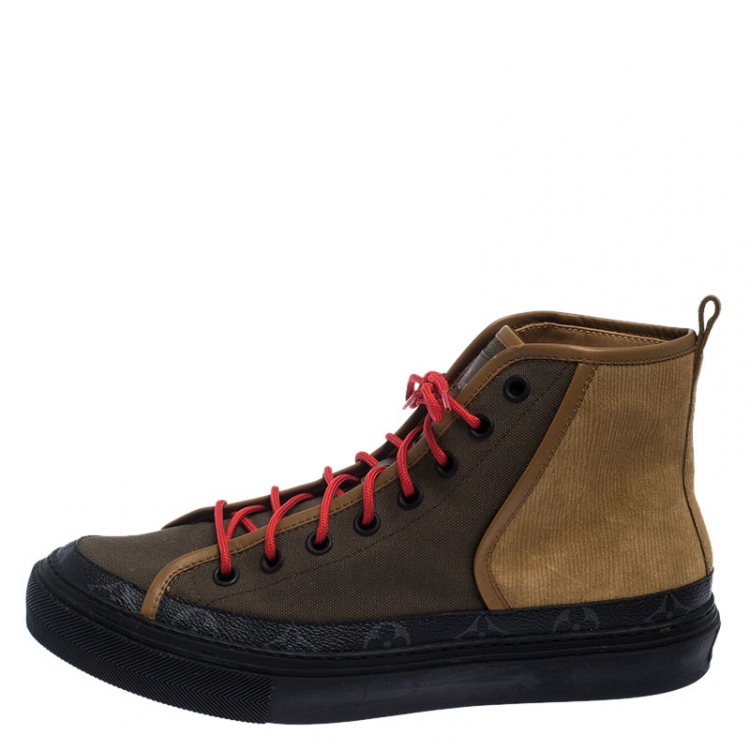 Pre Owned Louis Vuitton Multicolor Leather and Canvas Lace Up High Top Sneakers Size 43