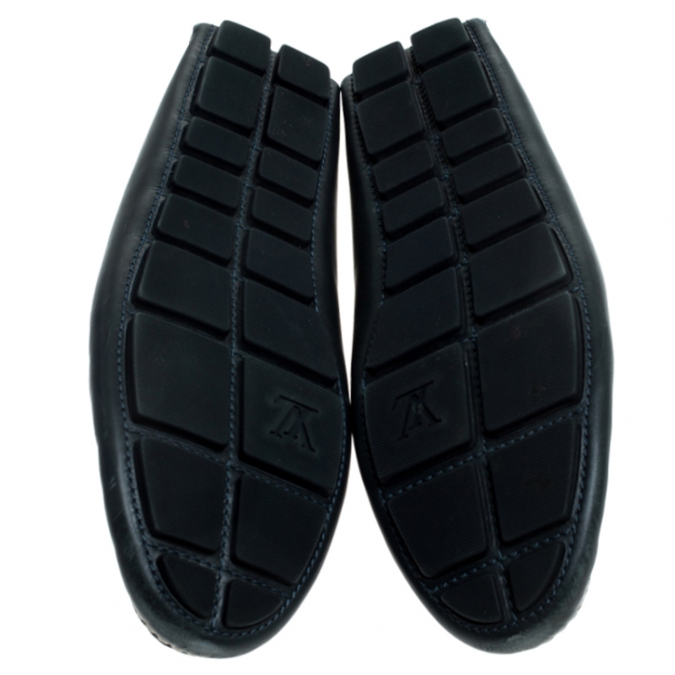 Pre Owned Louis Vuitton Blue/White Leather Shade Penny Loafers Size 44