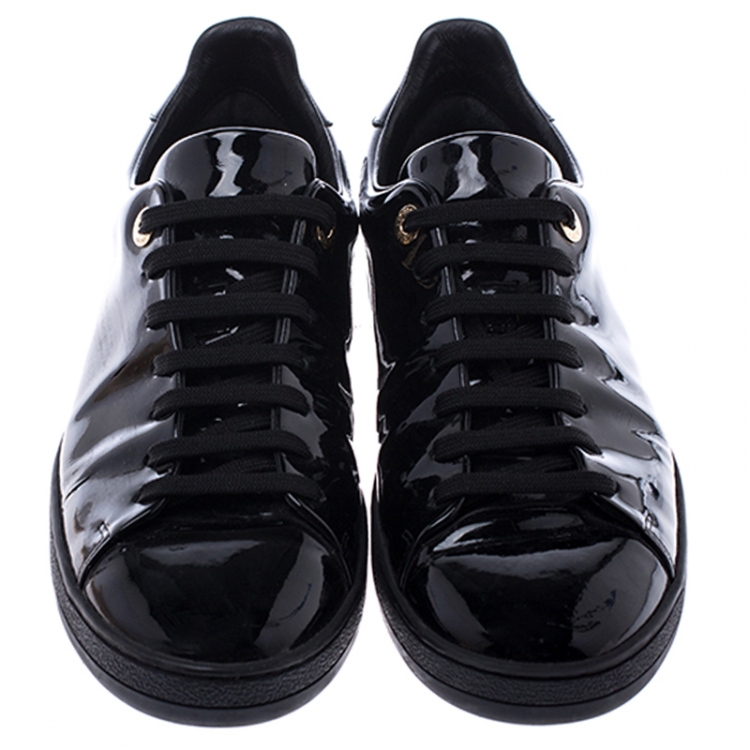 Pre Owned Louis Vuitton Black Patent Leather Frontrow Low Top Lace Up Sneakers Size 39.5