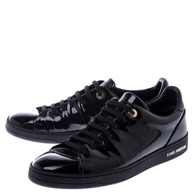 Pre Owned Louis Vuitton Black Patent Leather Frontrow Low Top Lace Up Sneakers Size 39.5