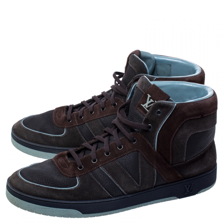 Pre Owned Louis Vuitton Multicolor Leather and Suede Lace Up High Top Sneakers Size 44.5