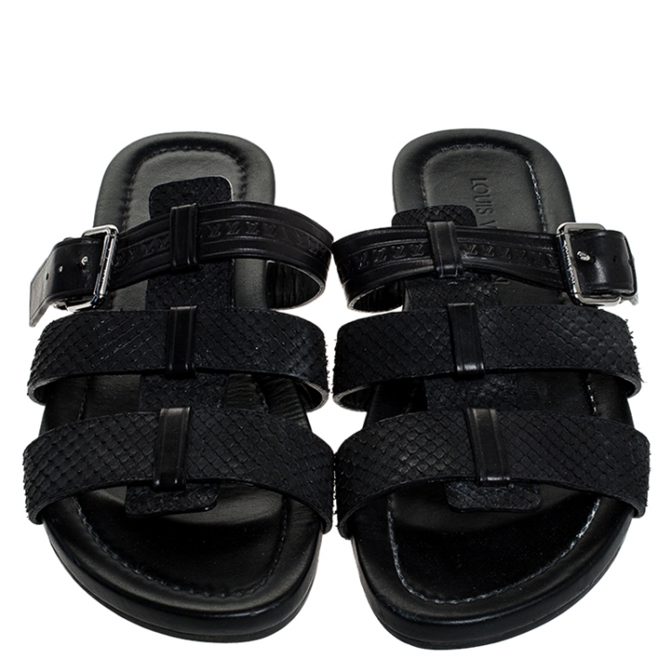 Pre Owned Louis Vuitton Black Python And Leather Slip On Flat Sandals Size 42