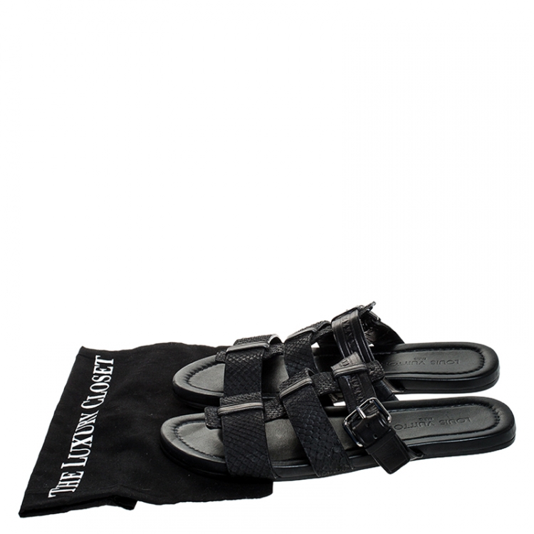 Pre Owned Louis Vuitton Black Python And Leather Slip On Flat Sandals Size 42