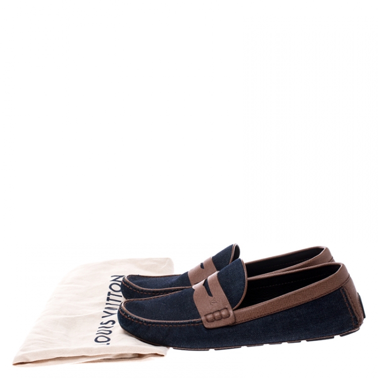 Pre Owned Louis Vuitton Blue Denim And Brown Leather Penny Loafers Size 43