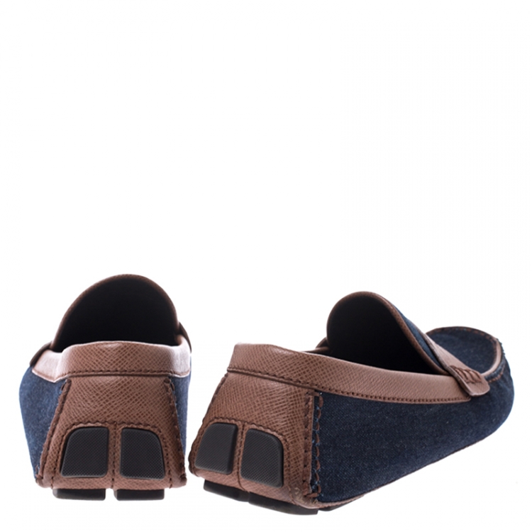 Pre Owned Louis Vuitton Blue Denim And Brown Leather Penny Loafers Size 43