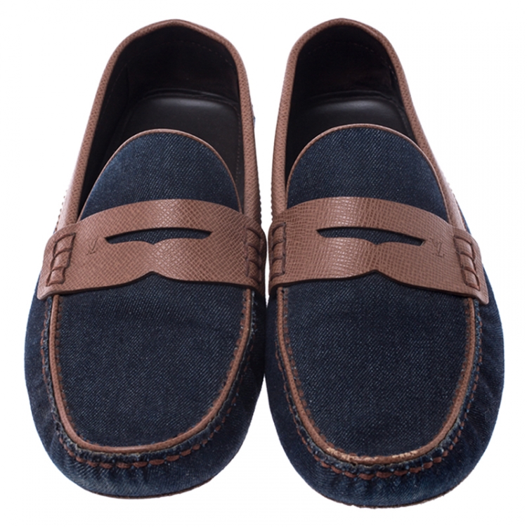 Pre Owned Louis Vuitton Blue Denim And Brown Leather Penny Loafers Size 43