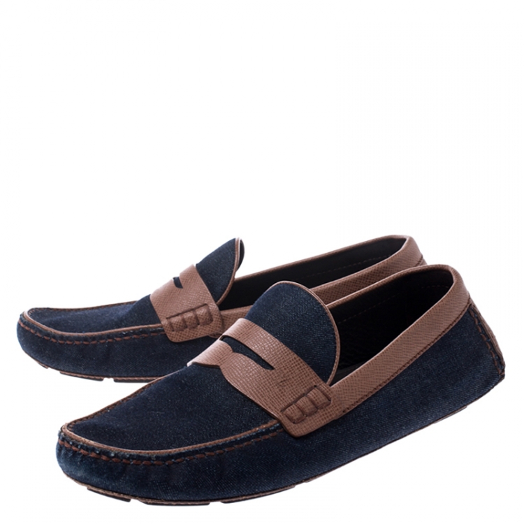 Pre Owned Louis Vuitton Blue Denim And Brown Leather Penny Loafers Size 43