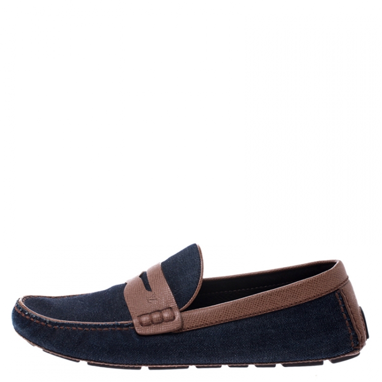 Pre Owned Louis Vuitton Blue Denim And Brown Leather Penny Loafers Size 43