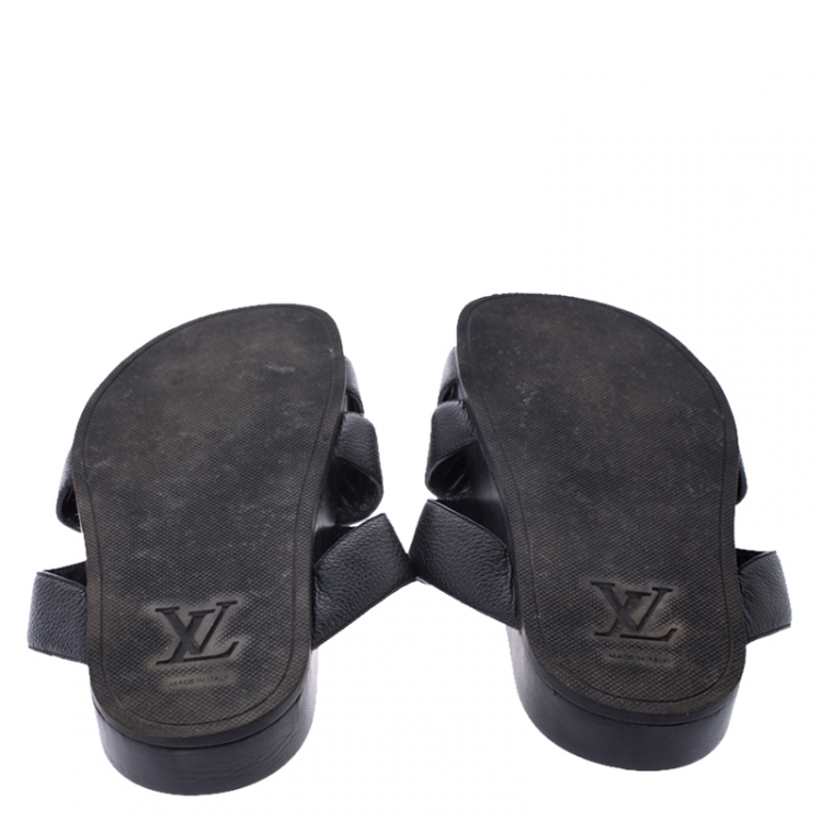 Pre Owned Louis Vuitton Black Leather Cross Strap Flat Slides Size 42.5