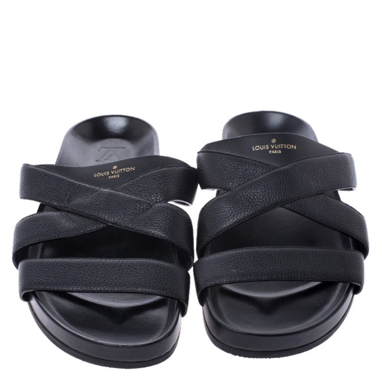 Pre Owned Louis Vuitton Black Leather Cross Strap Flat Slides Size 42.5