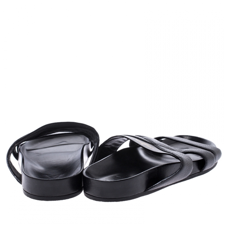 Pre Owned Louis Vuitton Black Leather Cross Strap Flat Slides Size 42.5
