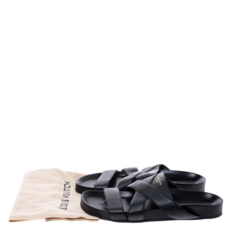 Pre Owned Louis Vuitton Black Leather Cross Strap Flat Slides Size 42.5