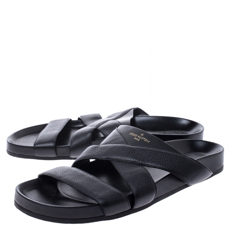 Pre Owned Louis Vuitton Black Leather Cross Strap Flat Slides Size 42.5