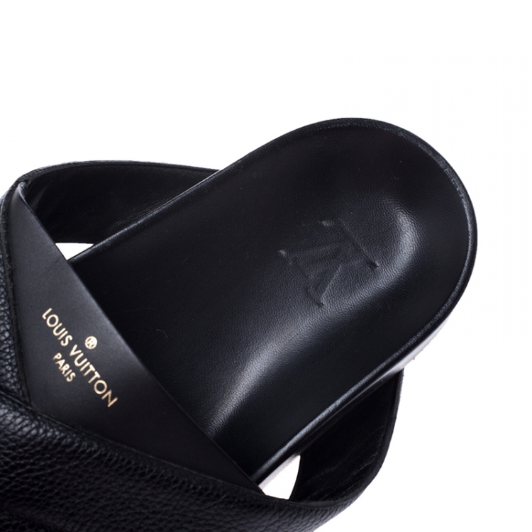 Pre Owned Louis Vuitton Black Leather Cross Strap Flat Slides Size 42.5