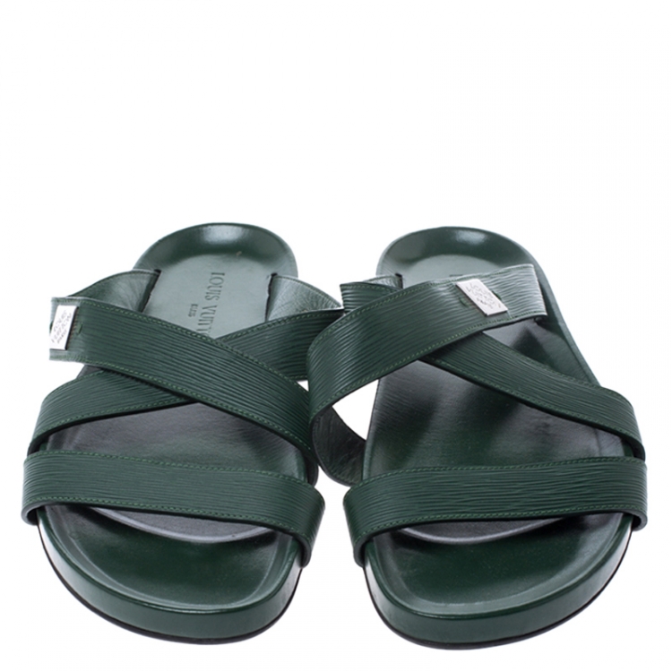 Pre Owned Louis Vuitton Green Epi Leather Pioneer Cross Strap Flat Slides Size 43