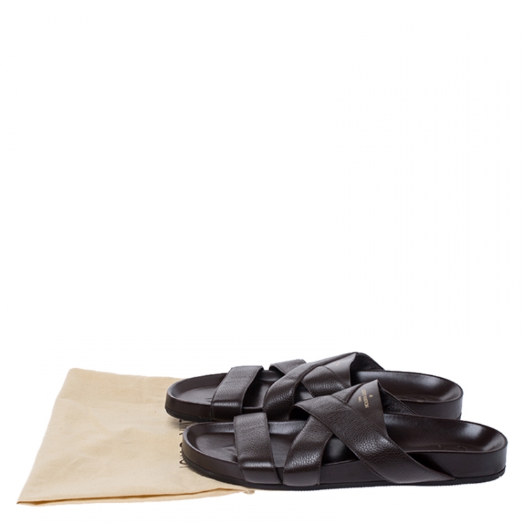 Pre Owned Louis Vuitton Brown Textured Leather Cross Strap Flat Slides Size 42.5