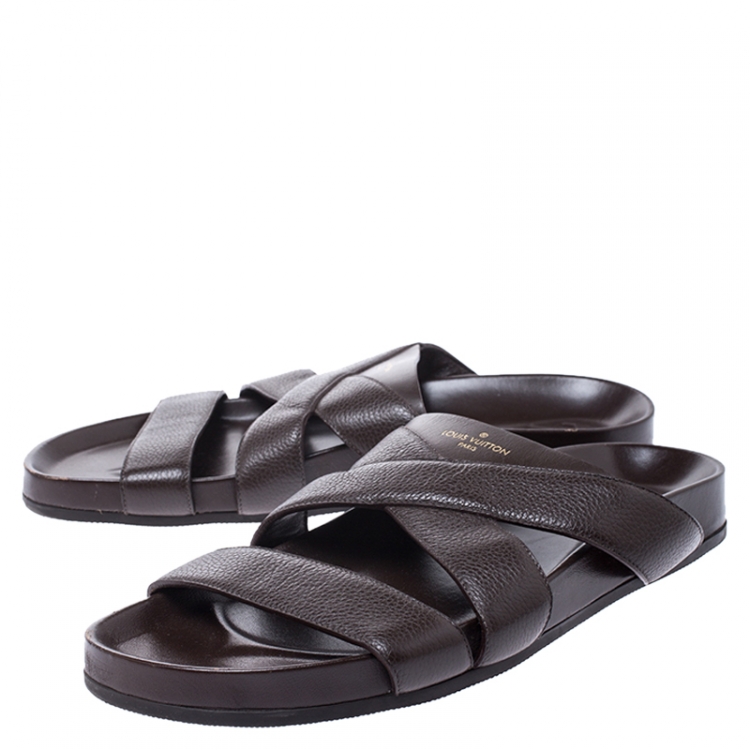 Pre Owned Louis Vuitton Brown Textured Leather Cross Strap Flat Slides Size 42.5