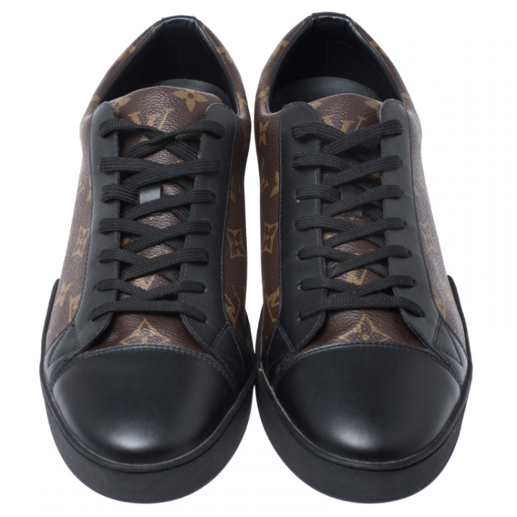Pre Owned Louis Vuitton Brown/Black Monogram Canvas and Leather Match Up Low Top Sneakers Size 44