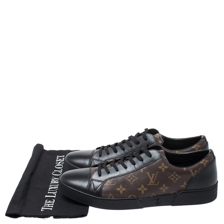 Pre Owned Louis Vuitton Brown/Black Monogram Canvas and Leather Match Up Low Top Sneakers Size 44